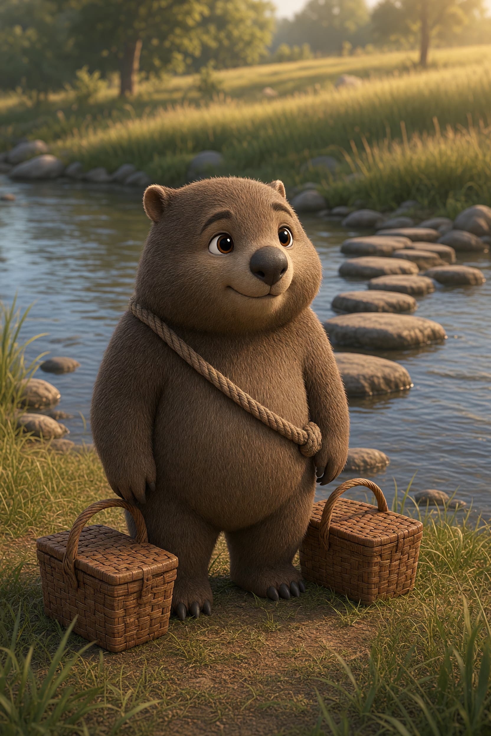 Page 1 of Bramble's Three-Check Creek: Morning warms the near bank. Bramble arrives with picnic baskets at his wide feet. Across the stepping stones the sweet meadow waits in tall soft grass.