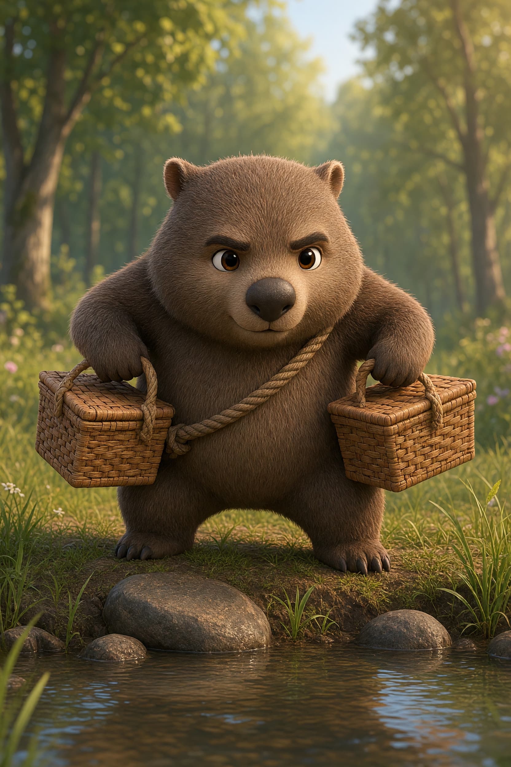 Page 2 of Bramble's Three-Check Creek: The picnic must stay gathered close. Bramble lowers and widens. He pins the baskets tight to his haunches. "Steady. Stay where I can see you." His raised paw hangs above the first wet stone.